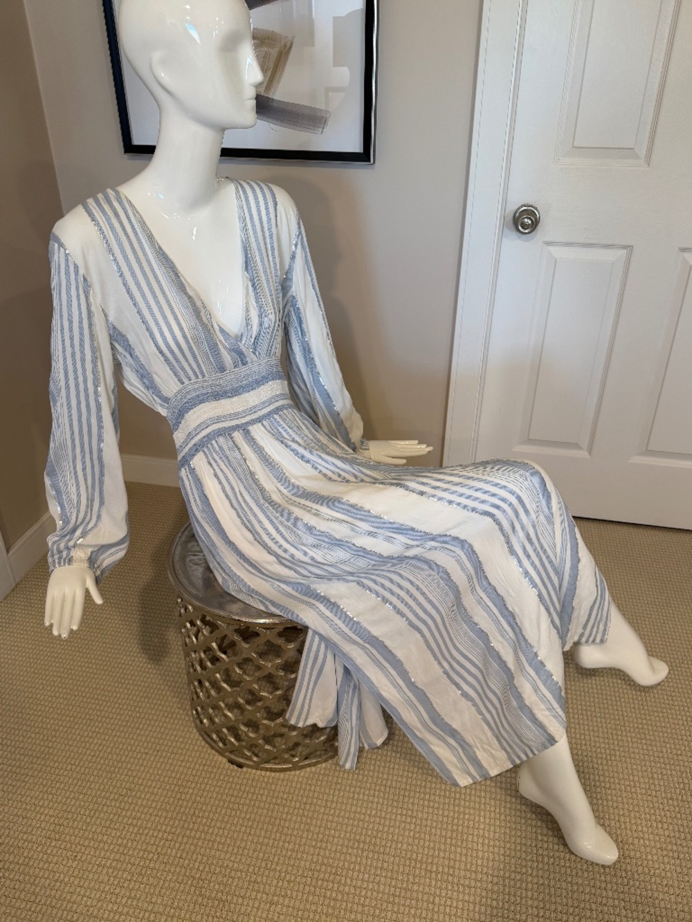 Blue Island Summer Dress Caftan Swimsuit cover up Size L (12 14 ) NEW Blue white